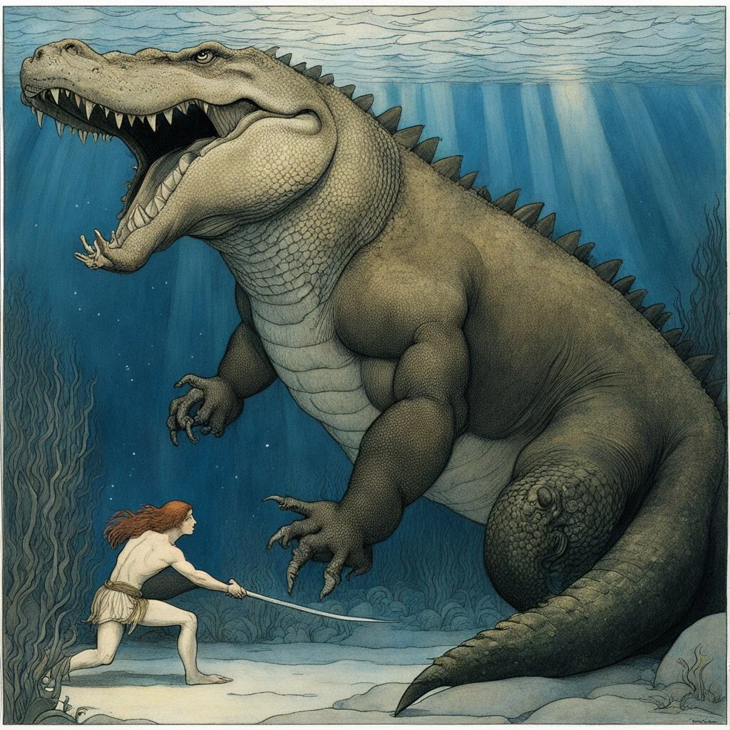 [art by john bauer] underwater picture of a muscular warrior fighting bare hands with a giant crocodile : he grabs the crocodile by the neck.