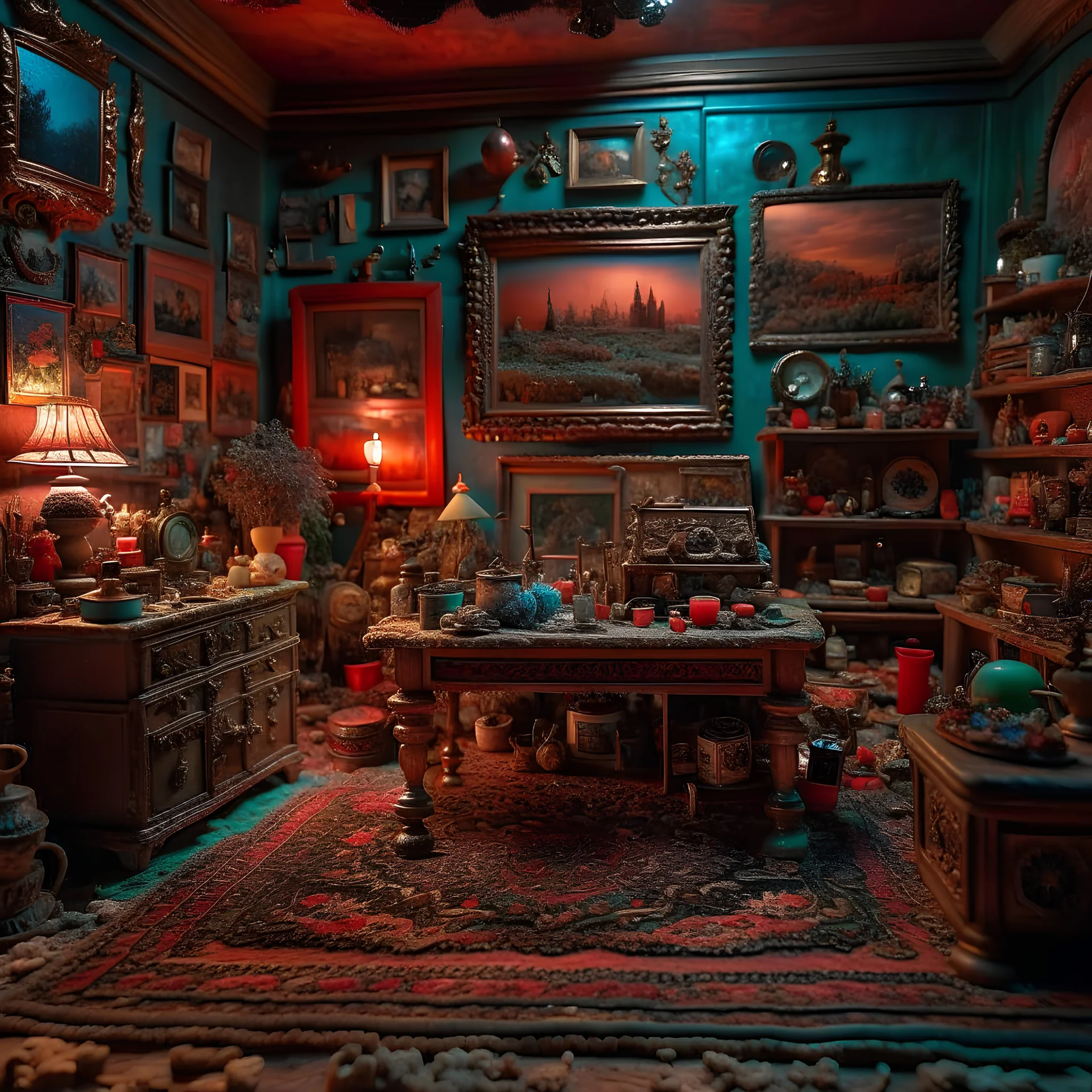 Diorama of old stuff in a room, sharp focus, 8k, 3d, very detailed, volumetric light, grim, fine art, very colorful, ornate, 35mm, F/2.8, insanely detailed and intricate, hypermaximalist, super detailed, decadent