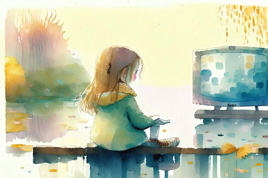 a cute chibi girl is sitting with her back to us, we see her playing tetris on a big screen, in van gogh style in on a misty morning. over a misty pond in the hieght of fall. Watercolour by Alison Brady. Pastel colours S<AI in sunshine, ethereal, otherwordly, cinematic postprocessing