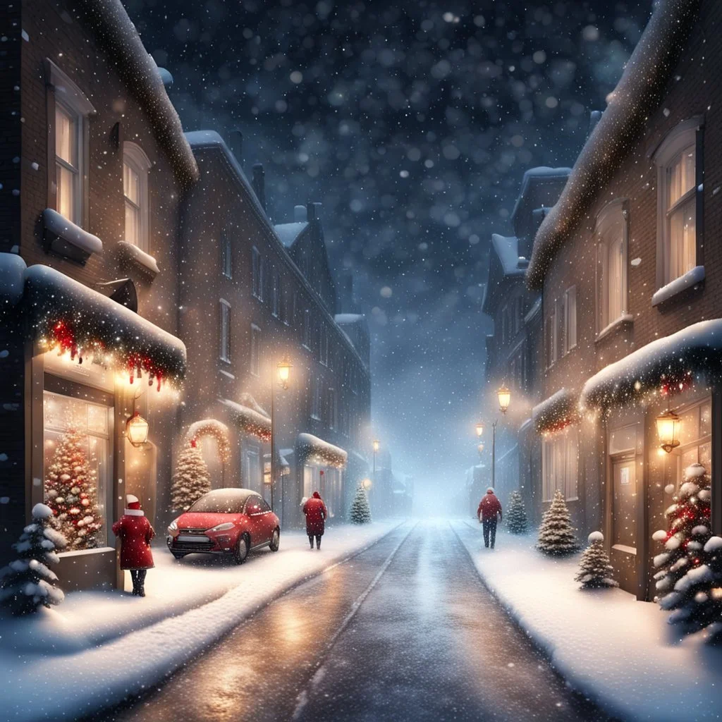 Hyper Realistic Christmas Celebrations In A Street at Snowfall Night