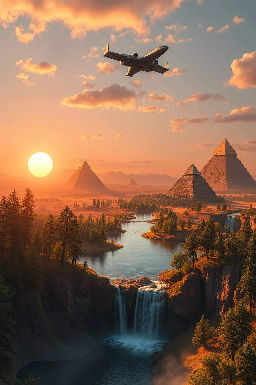 you can land or fly a spacecraft in a world with forests, deserts, lakes, pyramids and waterfalls, at sunset