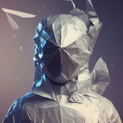 rendered in blender trash bag on his head and crumpled paper as a texture, collage paper and tape, slit - scan photography, high resolution, cinematic, unreal 6, breathtaking detailed