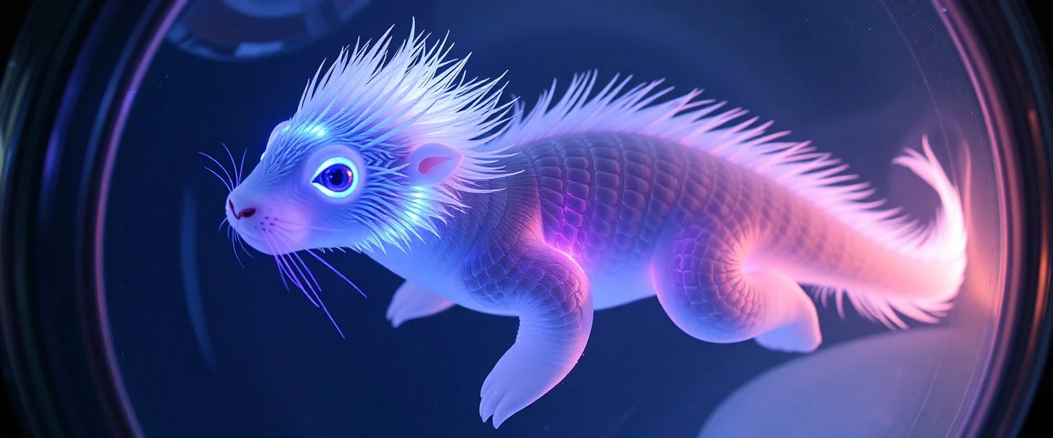 The image depicts a fantastical monkey squirrel snow soup, specifically a transparent with neon plasma aura, with a unique and whimsical appearance. The seal dragon is positioned in a circular frame, which suggests it might be inside a container or a vessel. The body is elongated and has a segmented appearance, with a detailed texture that gives it a realistic look. Its head is covered with white, spiky hair, adding to its fantastical charm. From the weird dragon lab.