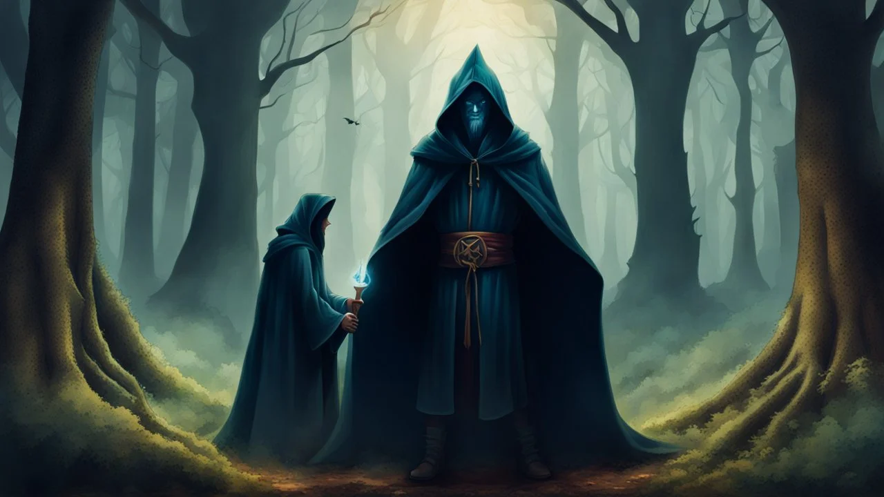 The hooded sorcerer and the king in the forest