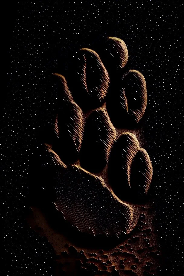 Striking image of a lion paw print, sandblasted special effect, standing out on a black background