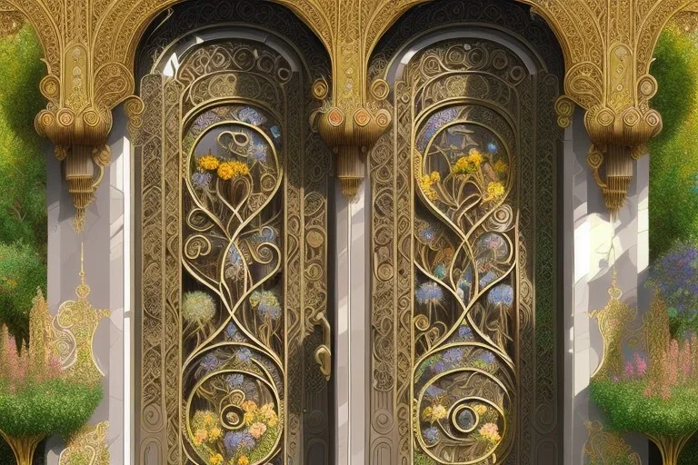 intricate ornate gate, garden, path, flowers, fine detail, high quality, Art Nouveau, mystical,