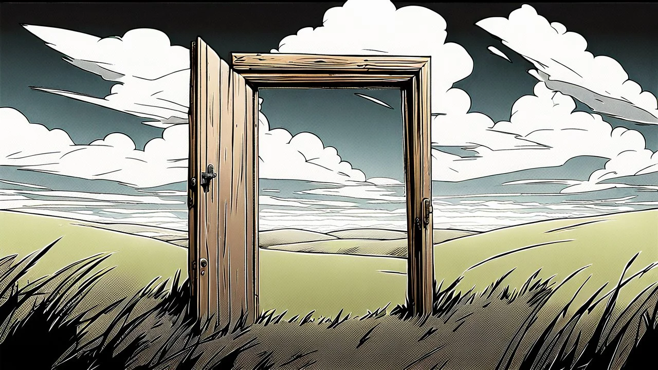 broken wooden door, anime, monochrome, black background, ink, simple, maximum quality, broken hinge, barely functioning, centered on frame, far view, in the middle of a grassy hill, white sky with cumulonimbus