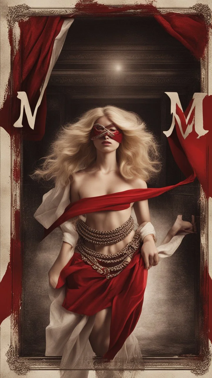 A blonde girl is blindfolded with a red cloth, with a necklace bearing the letter M around her neck. Cinematic picture