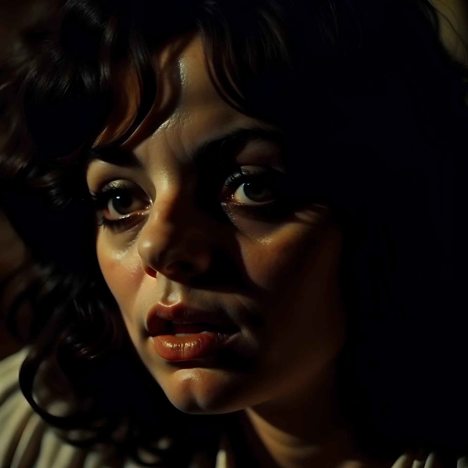 Strong texture, photorealism, Caravaggio, hot woman. Surreal, eerily mysterious, pastel colors. Italian horror, Dario Argento. Movie shot, spooky horror. 1970's Italian art. 33mm photography.