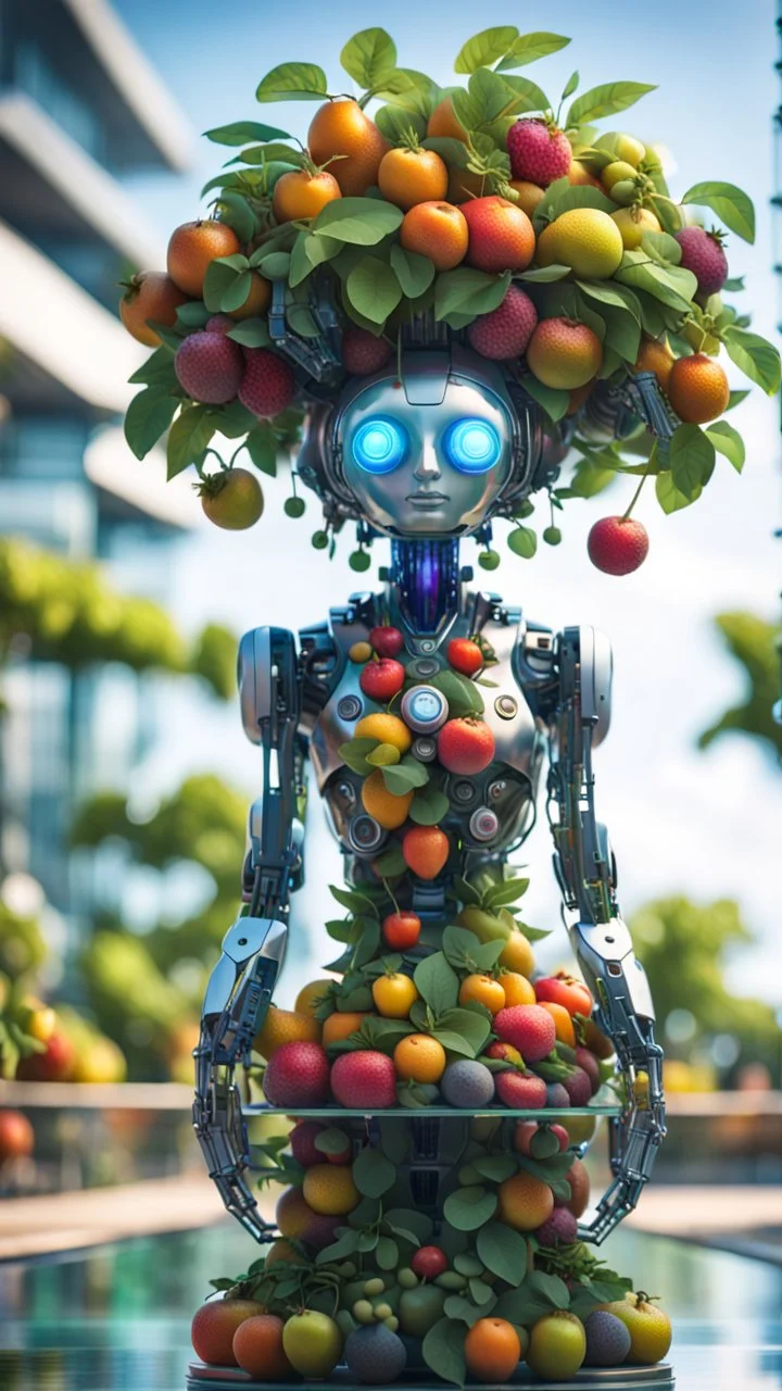 a full body portrait of a vegan hippie cybernetic robotic fruit tree made of living plants in all colors and tasty fruits growing, and having a sentient look in its eyes, like a buddha, on a glass pier,bokeh like f/0.8, tilt-shift lens 8k, high detail, smooth render, down-light, unreal engine, prize winning