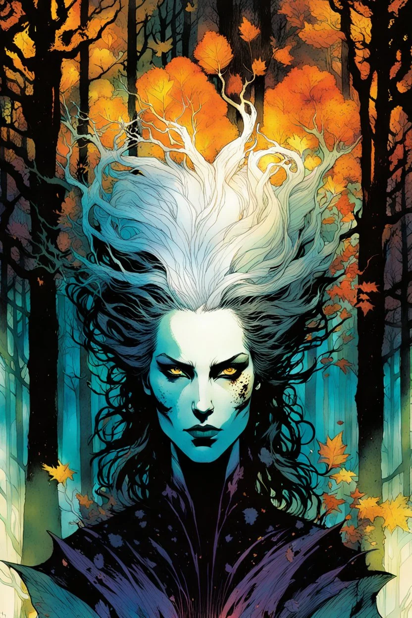 create a wildly conceptual print illustration of a feral sorceress with highly detailed hair and feminine facial features, in an ethereal, otherworldly ,ancient autumn forest , in the comic book art style of Bill Sienkiewicz, Mike Mignola, Sparth, and Jean Giraud Moebius, finely drawn, colored, and inked, suffused with dramatic natural light and shadow of sunset