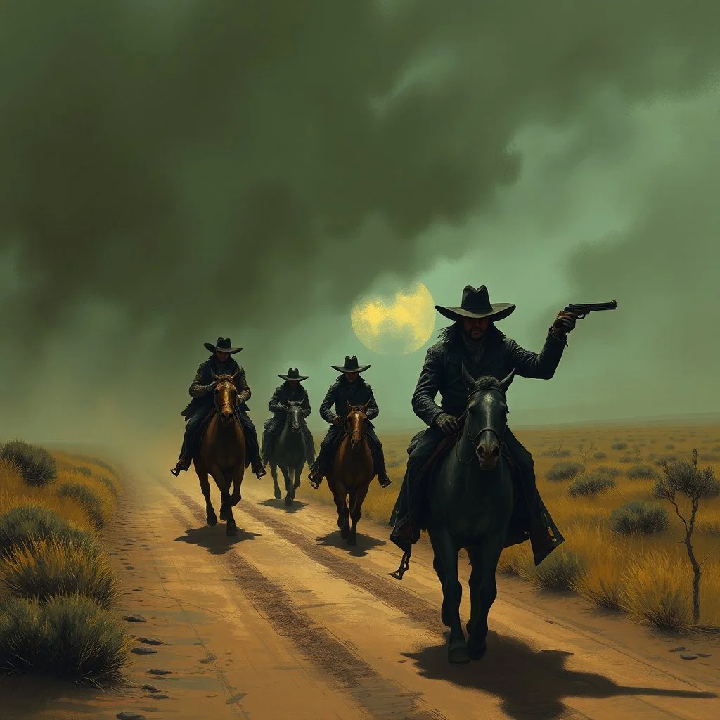 western bandit gang robbing someone on a dirt road grimdark fantasy art