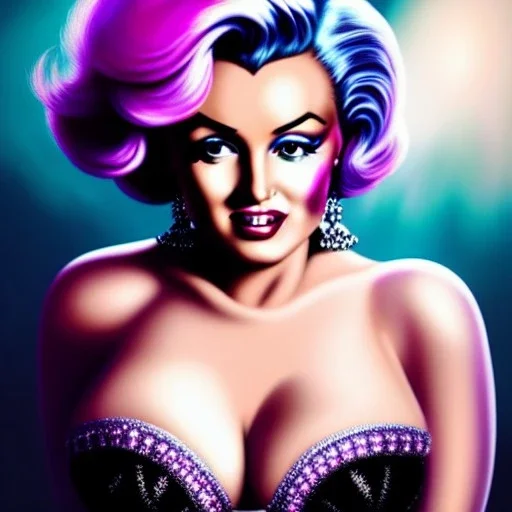 Ultra detailed fullbody Portrait in oil on canvas of beautiful busty MARILYN MONROE with Dynamic CottonCandy Filigree Hair,intense stare,wearing tight corset,extremely detailed digital painting, extremely detailed face,crystal clear Big eyes, mystical colors ,perfectly centered image, ,perfect composition, rim light, beautiful lighting,masterpiece,16k, stunning scene, raytracing, anatomically correct, in the style of robert e howard and Ken Kelley and Ohrai Noriyoshi and Simon Bisley