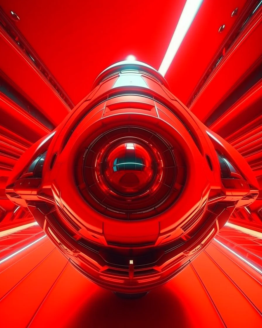 low view angle shot down from upper left front and showing the full vehicle, a RETROFUTURISTIC HOVERING CRAFT OF ALIEN ORIGIN, large close up a beautiful look up modern is decorated with red abstract, all red background, fisheye lense, vray, raytracing