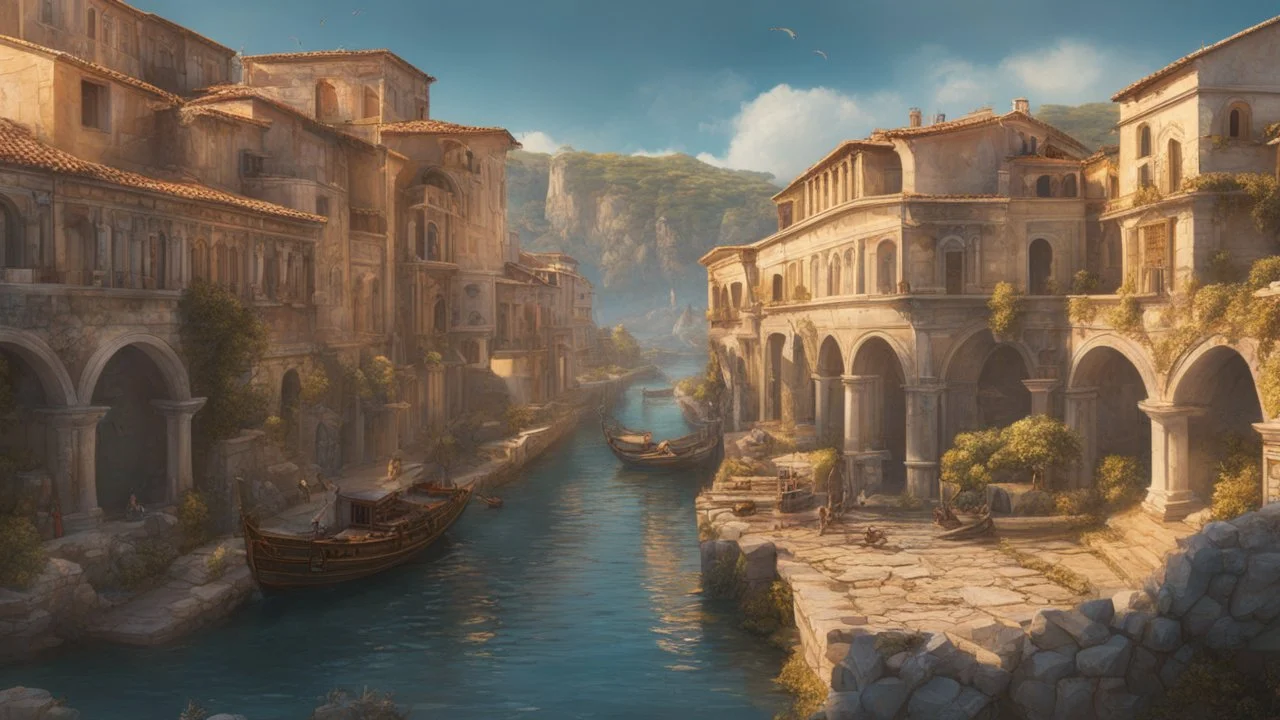 a roman town divided by a river next to the ocean. marble and gold. fantasy. cinematic lighting, hyper realisme, Hyperrealistic, splash art, concept art, mid shot, intricately detailed, color depth, dramatic, 2/3 face angle, side light, colorful background