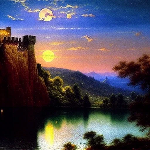 Drawing of 'Medieval Romanian Castle',bats,mountain,lake,full moon, by gaston bussiere, greg rutkowski, yoji shinkawa, yoshitaka amano, tsutomu nihei, donato giancola, tim hildebrandt, oil on canvas, cinematic composition, extreme detail,fit full head inside picture,16k