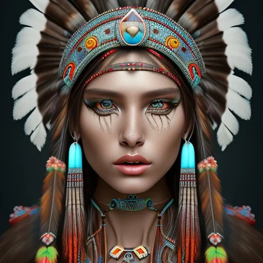 war painted pueblo Indian female, dark, disturbed expression.intricate detailethnically accurate face, intricate head dress, detailed make-up, detailed turquoise jewelry, detailed hair, detailed feathers, use dynamic palette, accurate proportions, high contrast black smokey bokeh background.alphonse mucha style