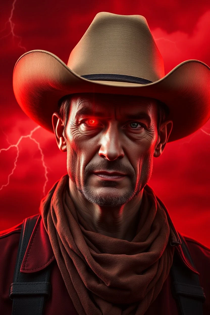 A cowboy portrait with a red light reflecting in their cybernetenhancements.red background all are red cloudy stormy with thunder in the background with be eye latched