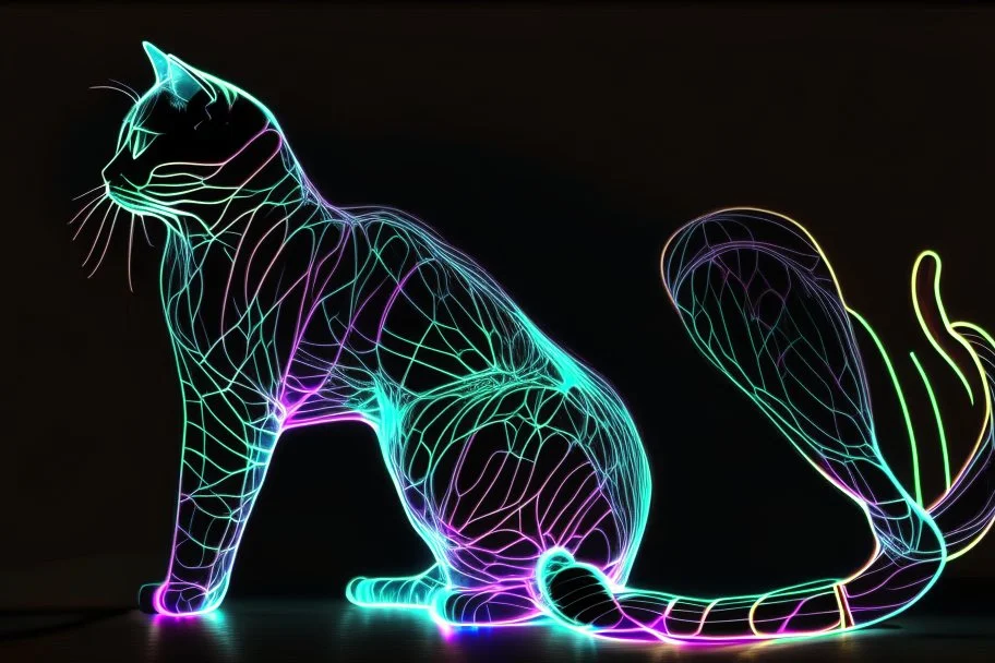 black background, outlines of a full-figure holographic cat, drawn from thin neon-coloured glowing lines