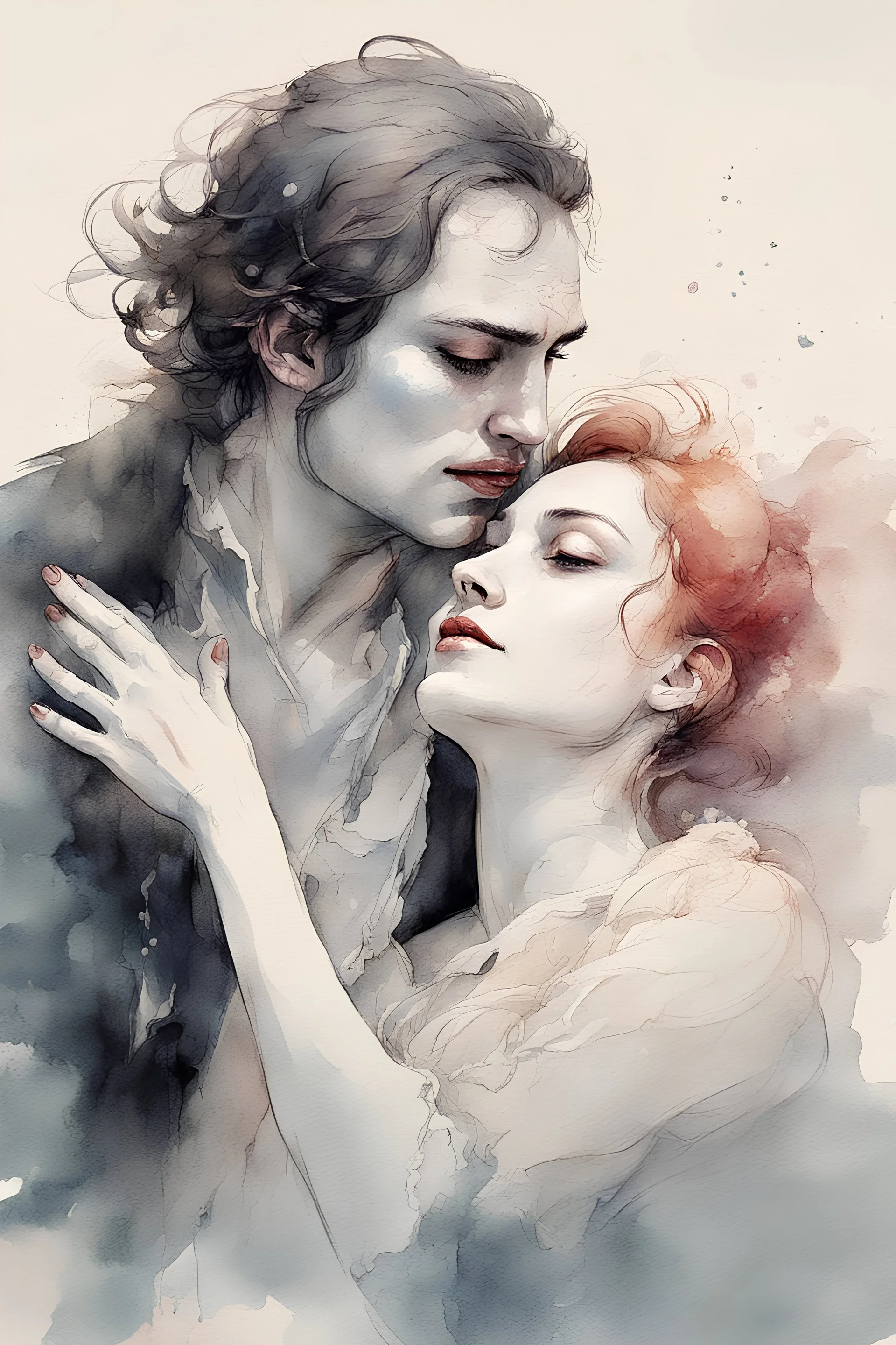 drawing of two people, Constance Buonasier and Dartagnan, characters of Dumas bending towards her in a half-bow, with a kiss on the hand, a solemn gesture, shy, beautiful illustration, Gene Wolfe, background of scenes from the film watercolor style of Mgali Villeneuve, by Ryohei Hase, Agnes Cecile, Raymond Swanland, Anne Bachelie