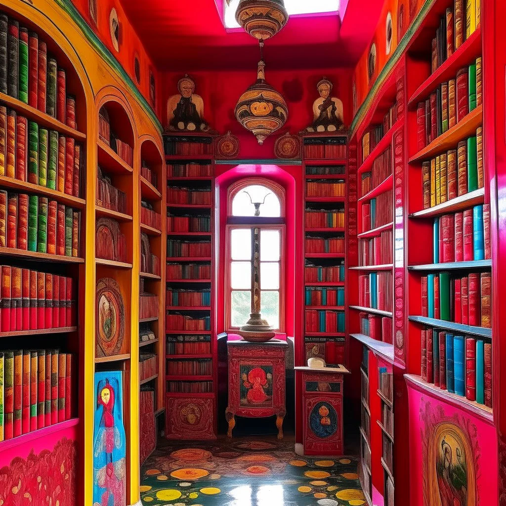 A reddish magenta library in a village designed in Matryoshka nesting dolls painted by Wassily Kandinsky