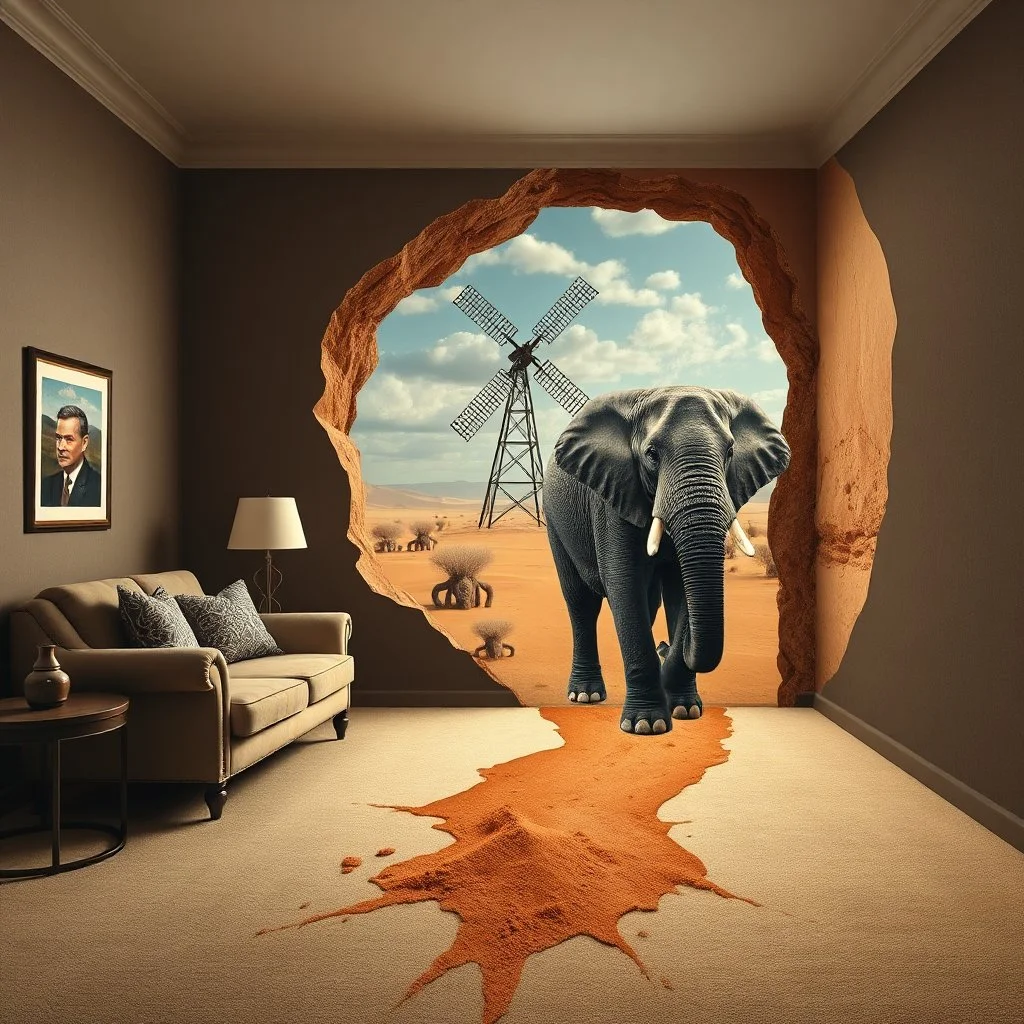 Surreal image, normal looking sitting room juxtaposed with the far wall is an interdimensional rift revealing a matte oil classic surrealist African desert containing a windmill where a surreal disproportioned elephant walks into the room from the rift, real sand spills messily from the magical interdimensional wall onto the carpet, concept art, in the style of a Salvador Dali and Magritte