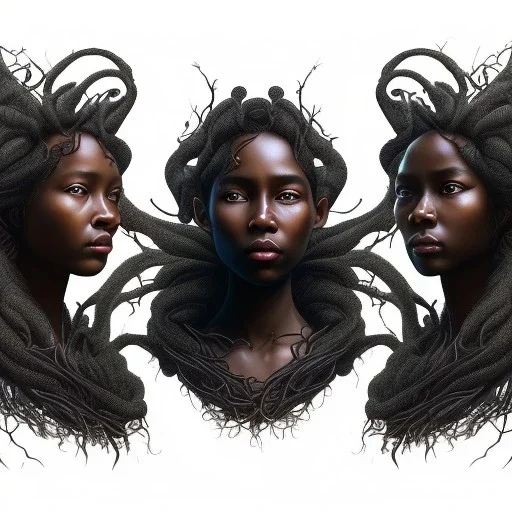 Painting .three women. A mother. Two daughter. Twins. A mother with her children. three young black women. wood nymphs emerging from the forest. Her hair looks like vines. Dreadlocs. Her skin is the colour of dark soil. Her skin looks like tree bark. Her clothing is made of vines, grass and leaves.