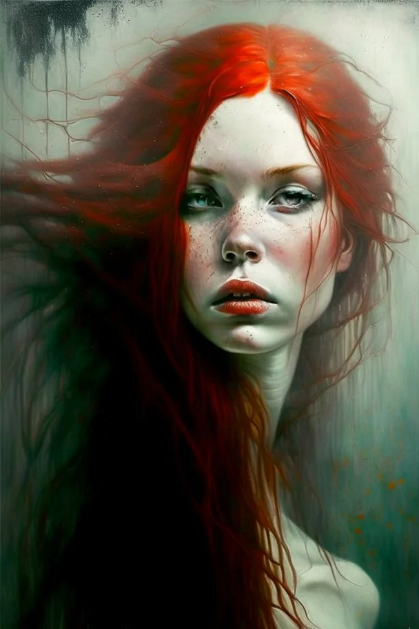 prompt: An image of a red-haired beautiful girl in the style of Mike Worrall, Stefan Gesell, Anton Semenov, Arthur Boyd, Gerald Scarfe, Wlad Safronow, Yves Tanguy and Christine Ellger. Style airbrush art with very soft muted colours and a hazy atmosphere. Bold oil paintings with thick brushstrokes and spots --ar 16:9