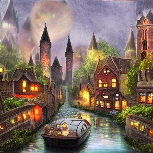 A magical dark gothic canal little town with a castle and huge caravan houses Nick Harris style