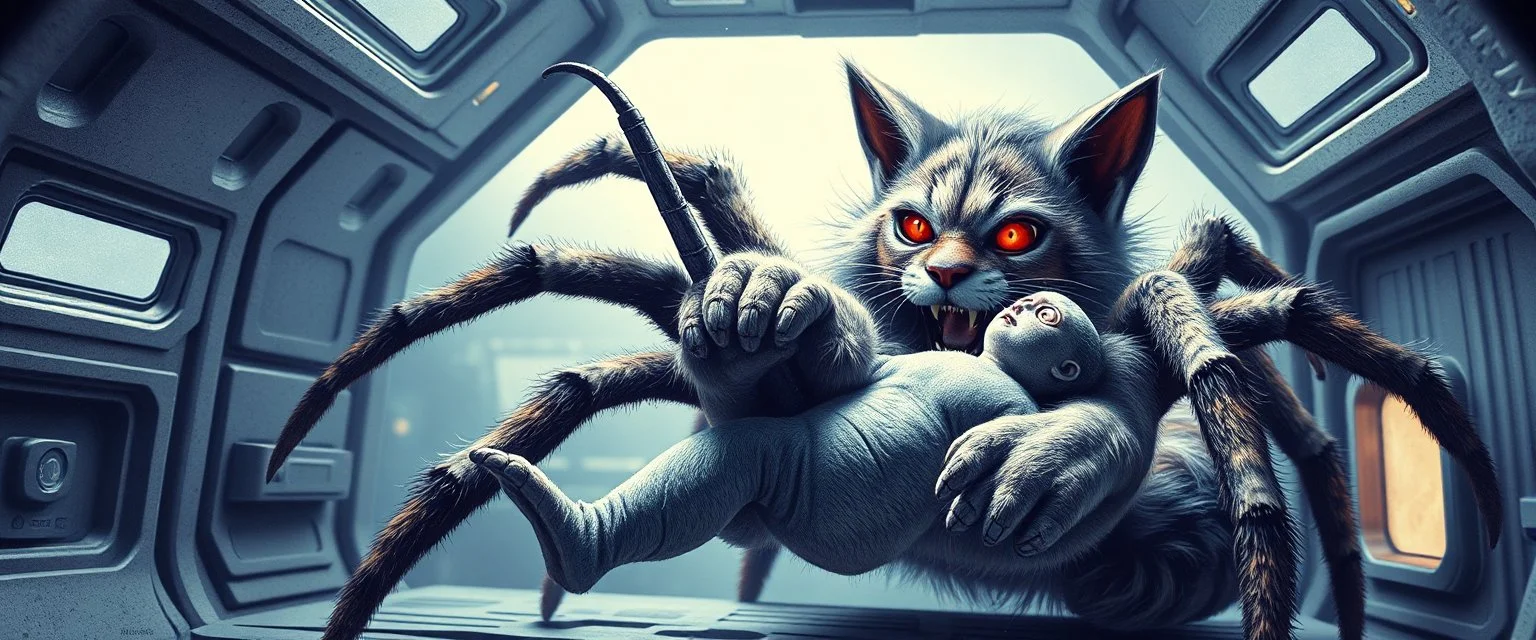 gritty air brush 3d with pen outline, vampire space spider lion cat holding a human in its grip, pin hole cam in doll house space ship