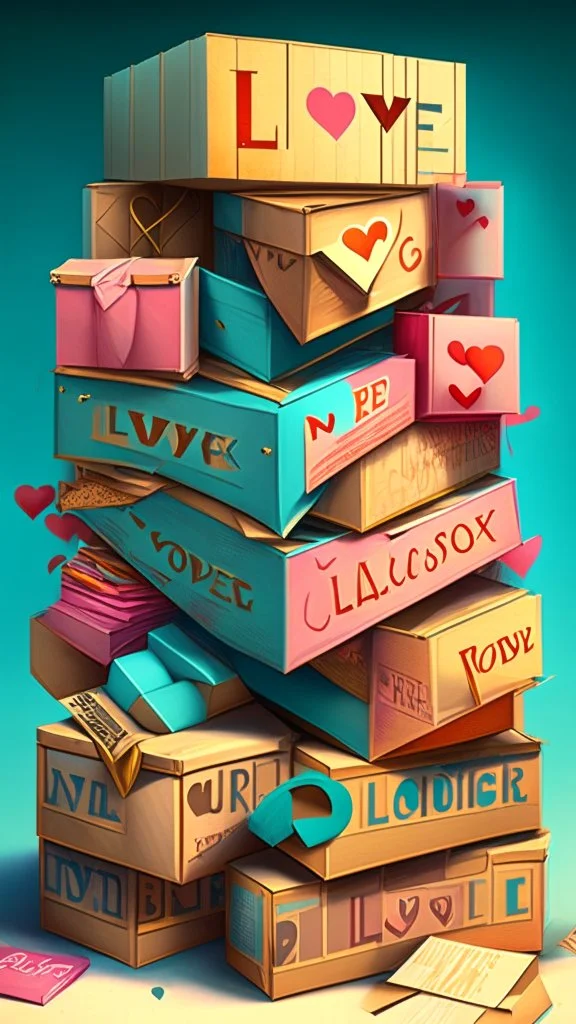 Stacked boxes full of love letters, realistic, professional, art, detailed, vibrant colors.