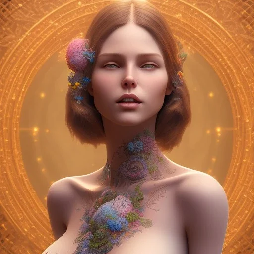 3d smilling woman,topless, full body and face shown, 32K, intricately detailed, plants, flowers, colorful, rtx, unreal engine 5, art nouveau, clouds, smoke, square type face