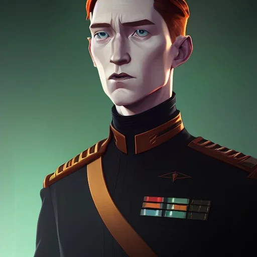 portrait, general hux, wearing a black First Order uniform, serious, imposing figure, thick eyebrows, digital art, red light coming from the left and blue light coming from the right, wearing a black First Order uniform, green eyes