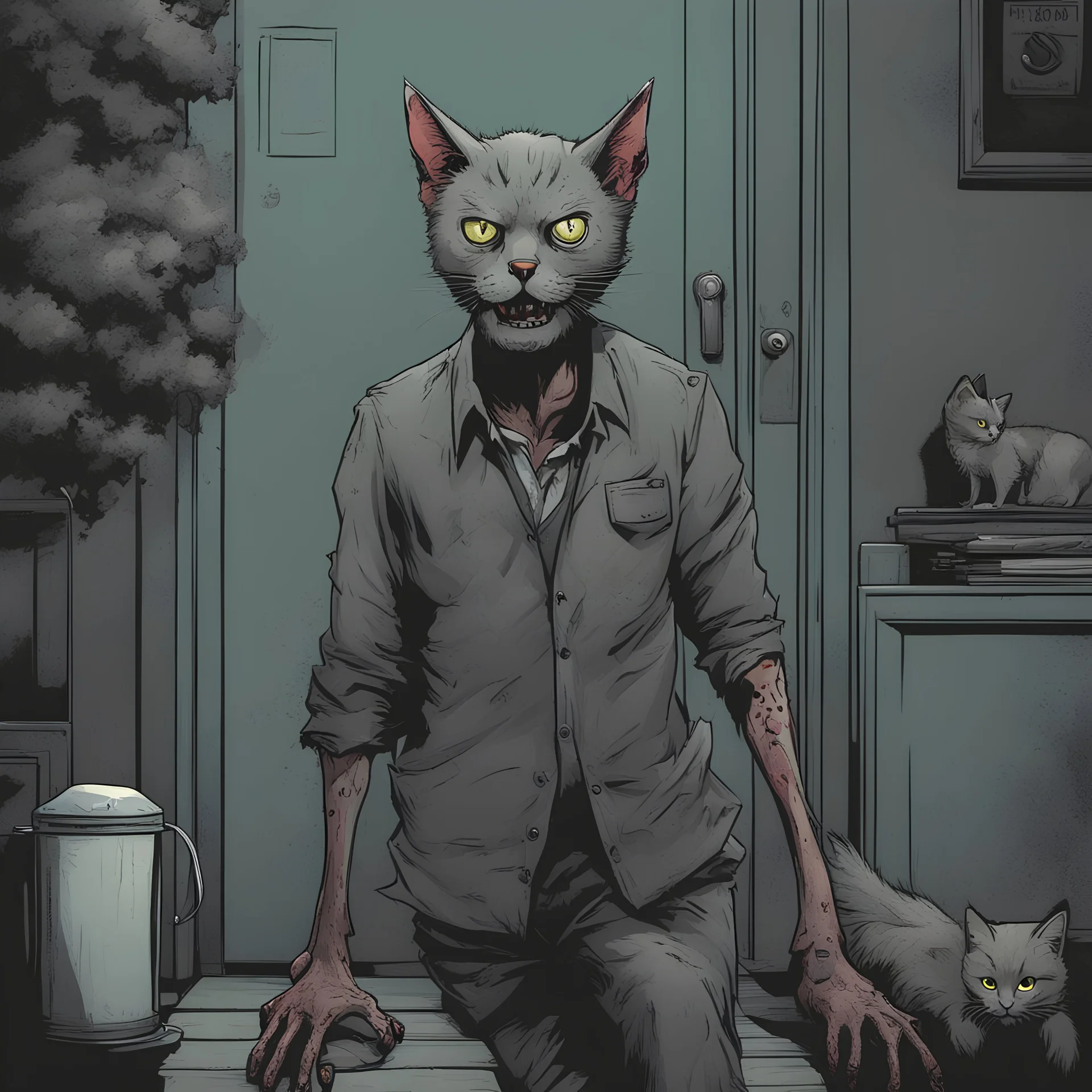 a zombie, a gray cat, comic book, illustration,