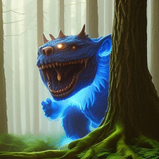 giant blue monster with big sharp white teeth, standing in a forest, dramatic, dramatic lighting, volumetric lighting, hyperrealism, 8k, high quality, photorealistic, lot of details