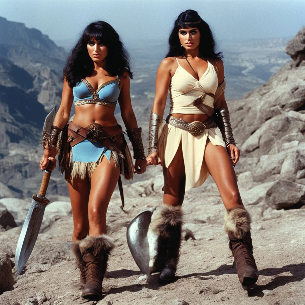 [Jameela Jamil (Tahani Al-Jamil) and Kristen Bell] as barbarian warriors with boots and her battle axe [Jason and the Argonauts (1963)]