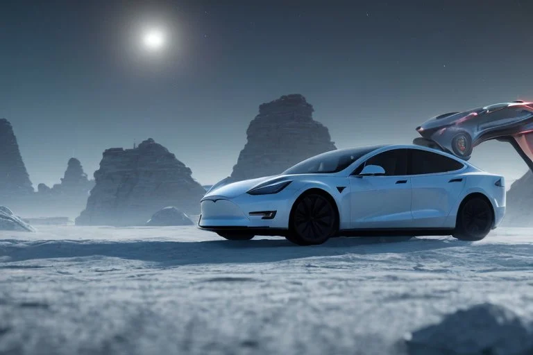 A Tesla 'Model Y' is racing at top speed, on the planet 'Hoth'. CINEMATIC. WIDE ANGLE LENS. PHOTO REAL.