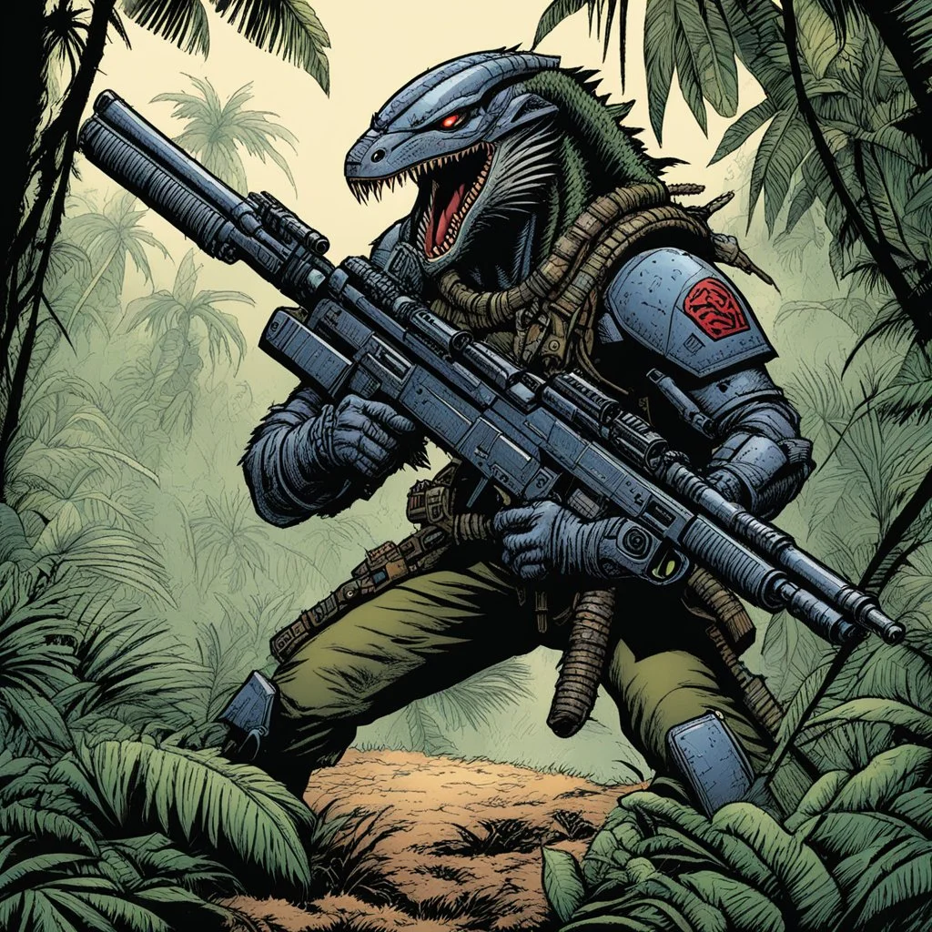 hidden predator [illustration by Kevin Eastman and Peter Laird] in the jungle tactic squadron member trained to kill PREDATORS, helicopterus alien with a lot of mini guns