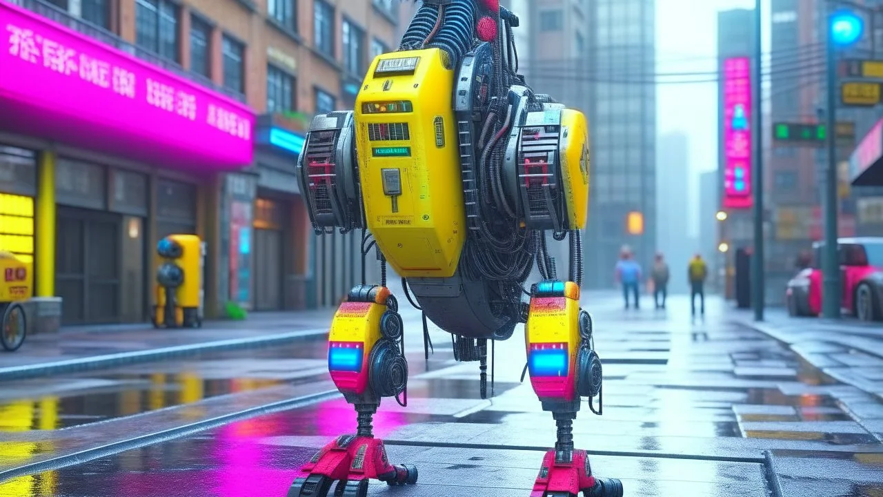 CHICKEN robot, sci-fi, cyberpunk, full body, ultra realistic, virtual reality, cyberpunk city and colors