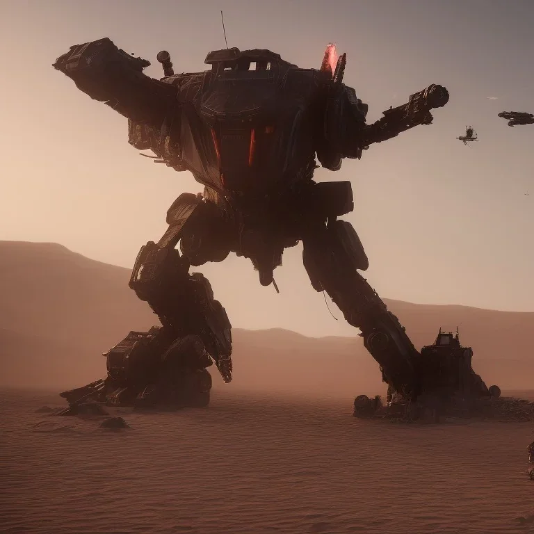 Armored Core machine robot fights another Armored Core fly in the sky in the desert with the ocean where you can see the space in the sky with the twilight on the horizon, 4k resolution