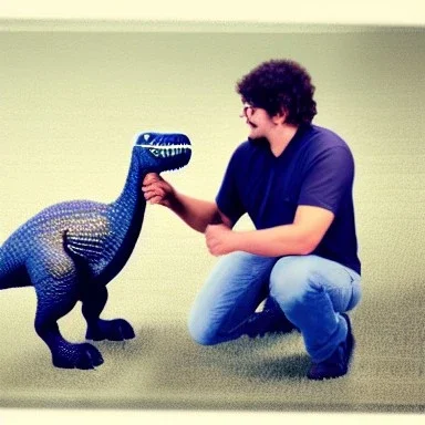 A man petting the dinosaur