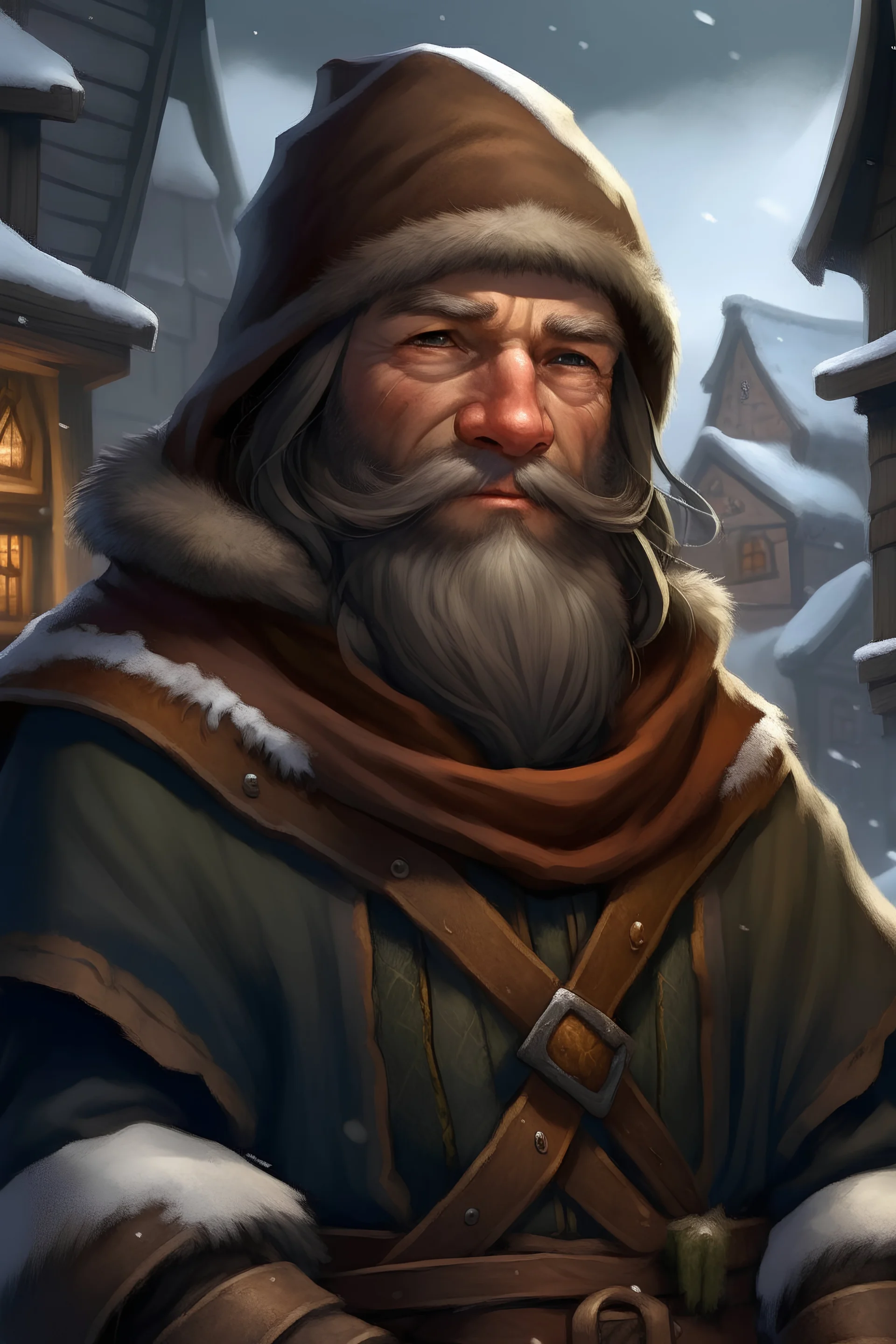 dnd, fantasy, high resolution, in a snowy northern town, portrait, dwarf male trader, medieval times