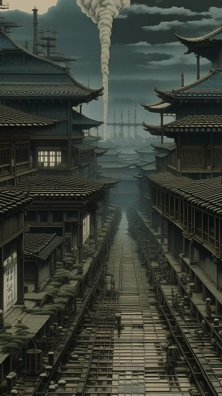A dark gray ominous mega factory painted by Utagawa Hiroshige