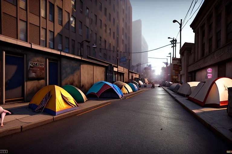 outside homeless shelter, california, los angeles,tents on street, skid row, rundown , day time , unity, scriptable render pipeline , atmospheric lighting.