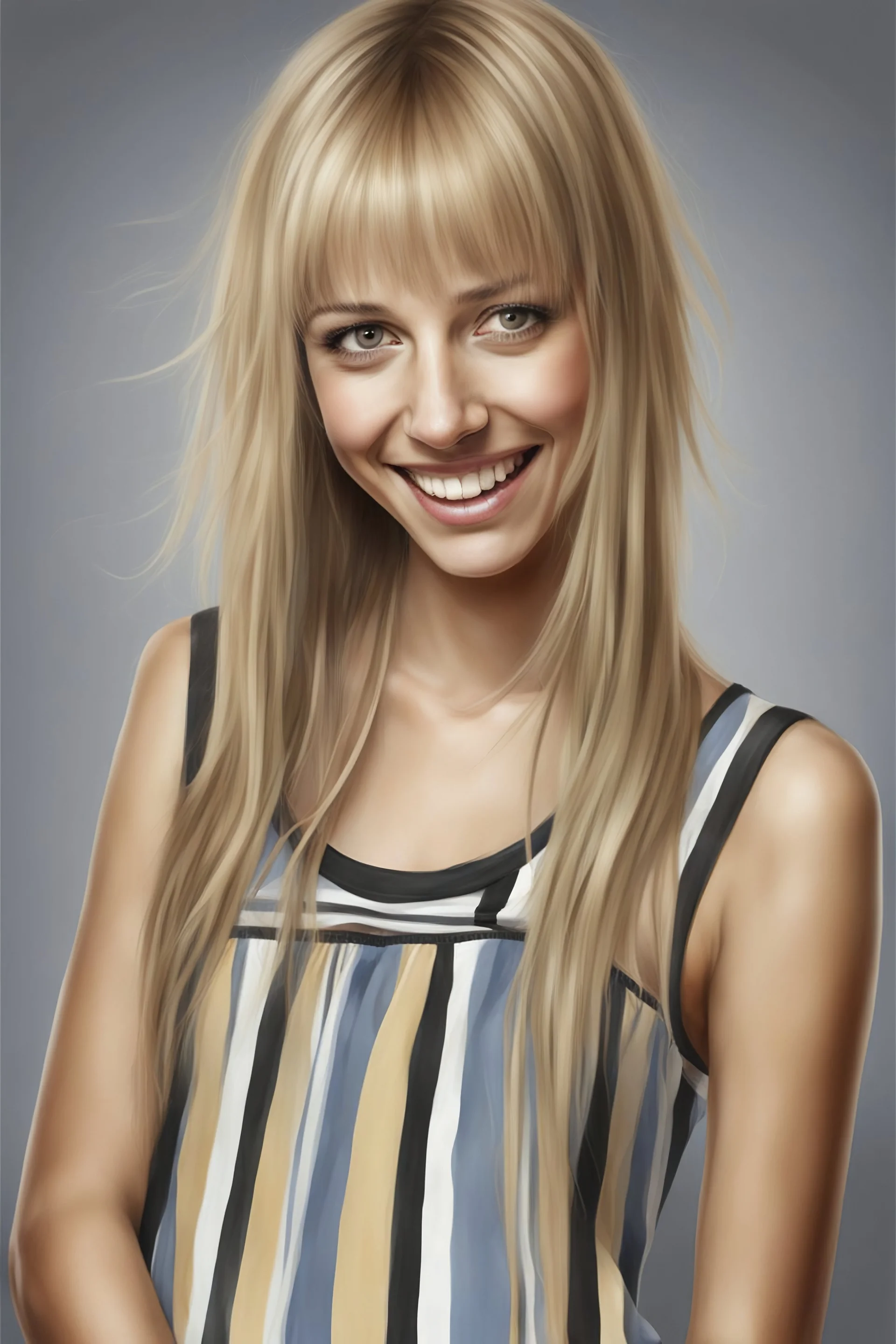 realistic stock photo, Realism engine, General Fast V2 (Flux), Create a realistic image of a female with long, straight blonde hair, the bangs cut straight across the forehead, hazel eyes, wearing a sleeveless, strapless, blue and white-striped nylon extremely short mini dress with a plunging neckline, knee high white socks and black converse tennis shoes, happy facial expression, in the style of Boris Vallejo, Frank Frazzetta, Leonardo da Vinci, Julie bell, 4k, 8k, 16k, 32k. 100k UHD