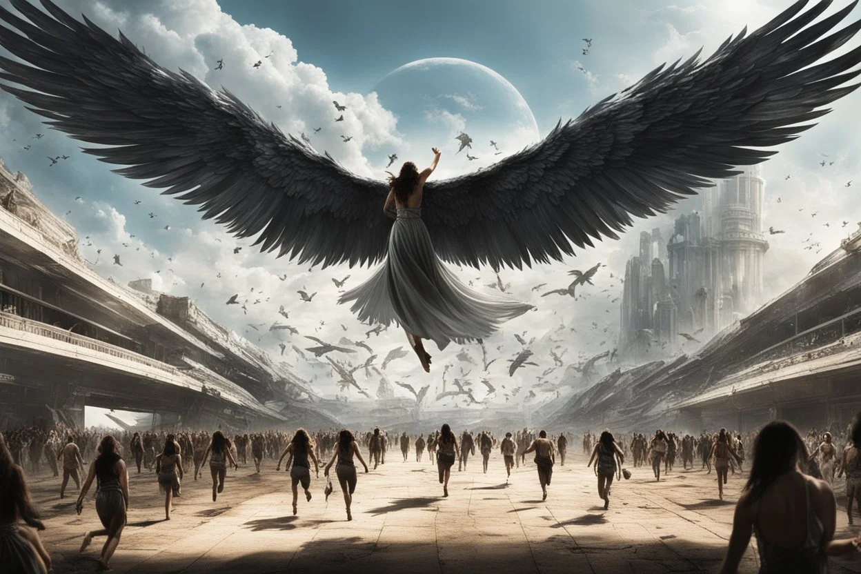 View of a modern Elysium with winged females flying over people running away in fear