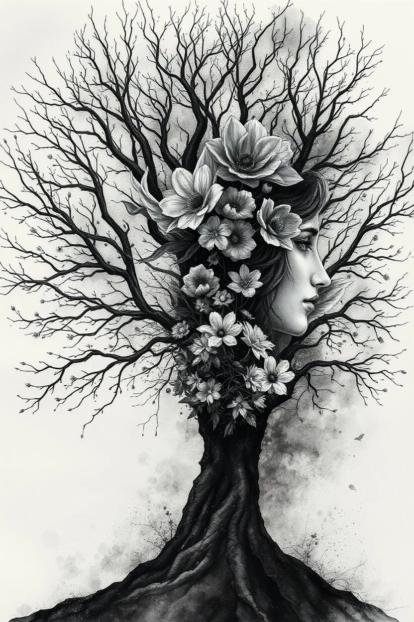 double exposure dry tree with fantasy flowers and profil one fairy face, black and gray and silver watercolor with weet ink, deep dark , surreal, dramatic atmosphere. intricate, stunning textures , mystery. stunning illustration