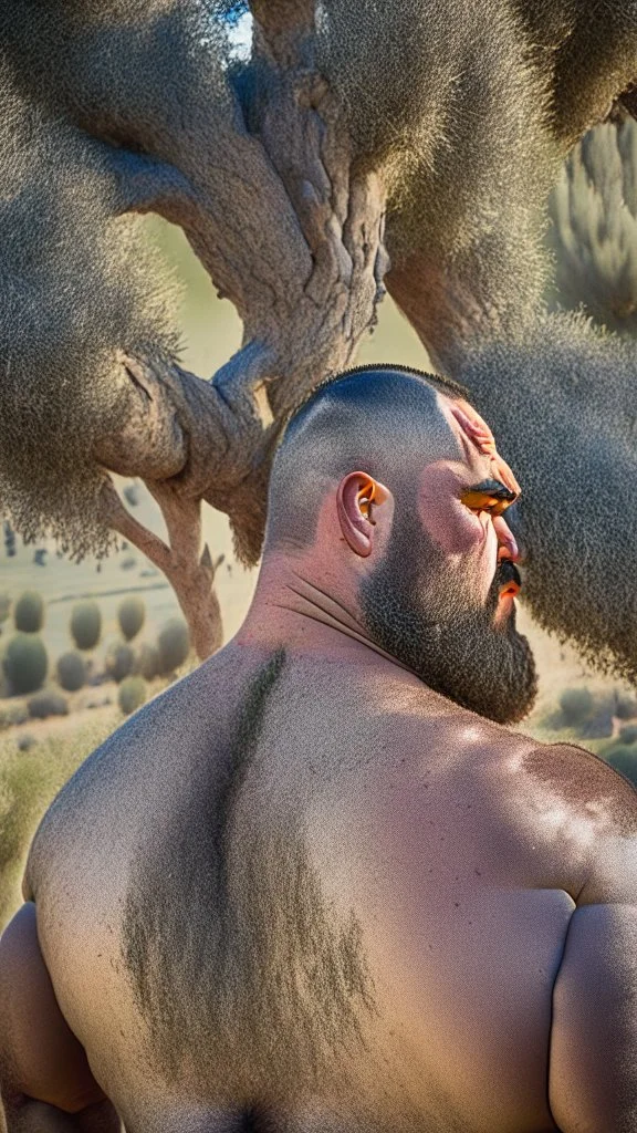 back portrait photography of a marocan ugly angry dirty burly stocky chubby farmer 31 years old, bullneck, strong arms, big belly, very sweat, long beard, very angry, angry eyes, near an olive tree , in the Italian countryside , September sun, ambient occlusion, DSLR, cinematic shot, hyper detailed photography, photorealistic, 50mm lens , strong side light, back view