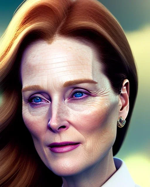  of a beautiful merryl streep, julianne moore, in the mountains, soft lighting, unreal engine