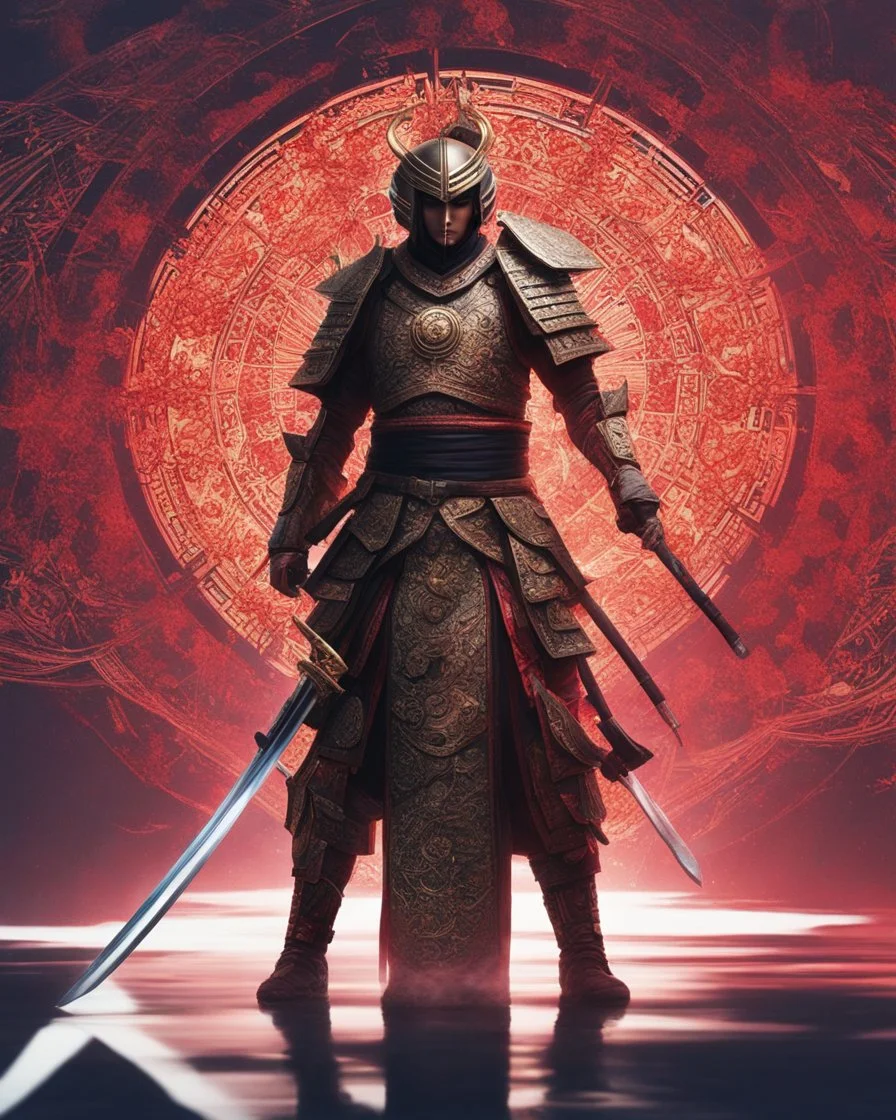 Create an image that is more interesting and cool, featuring a warrior katana in traditional japanese attire with modern or futuristic elements, set against a vibrant and detailed background that blends cultural motifs with imaginative designs